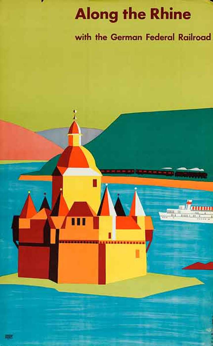 Along The Rhine German Federal Railroad Original Vintage German Travel Poster