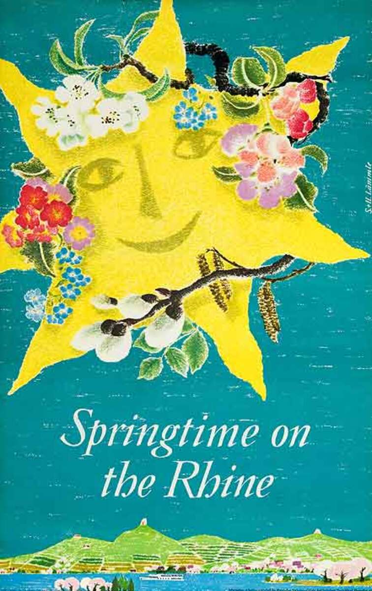 Springtime on the Rhine Original Vintage German Travel Poster