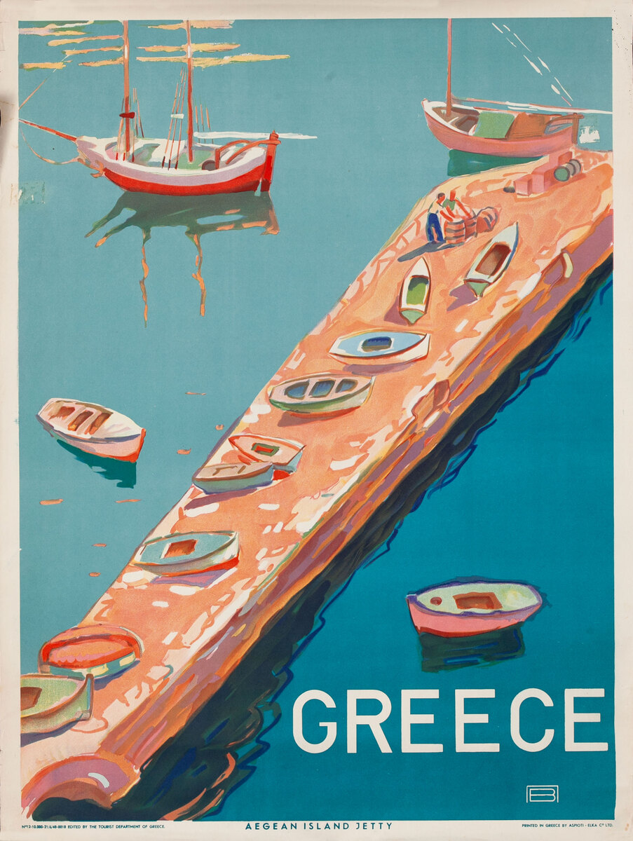 Original Greek Travel Poster Aegean Island Jetty