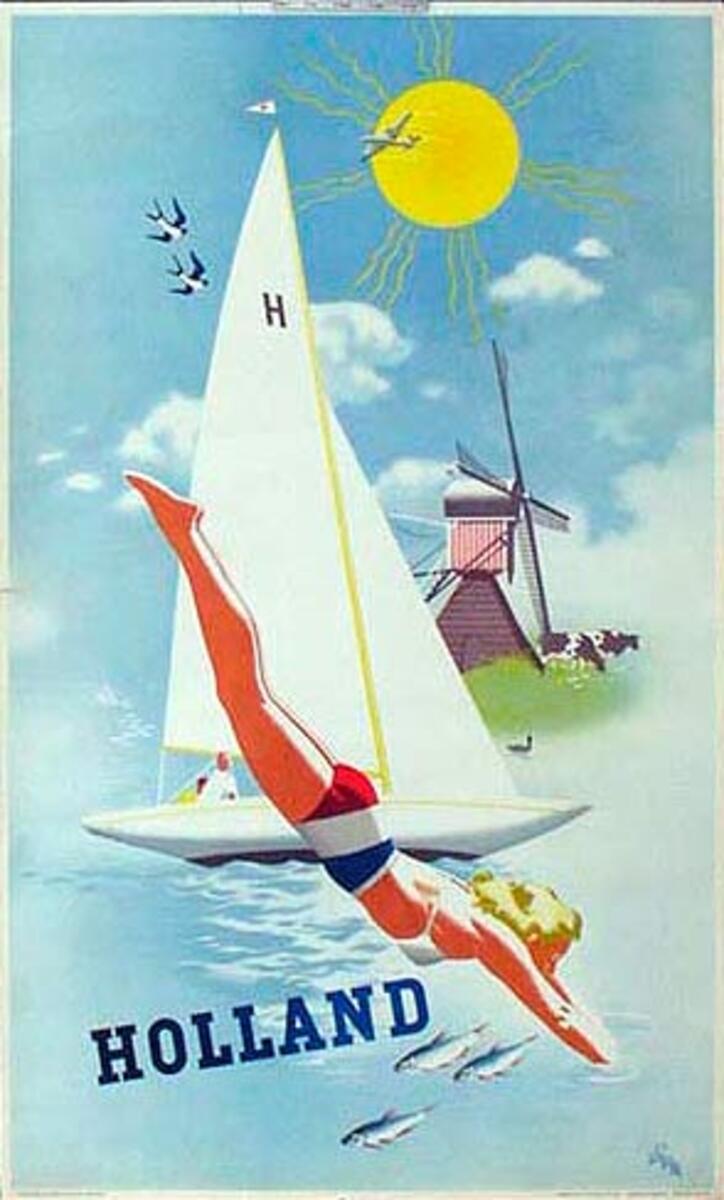 Holland Original Vintage Travel Poster Diver