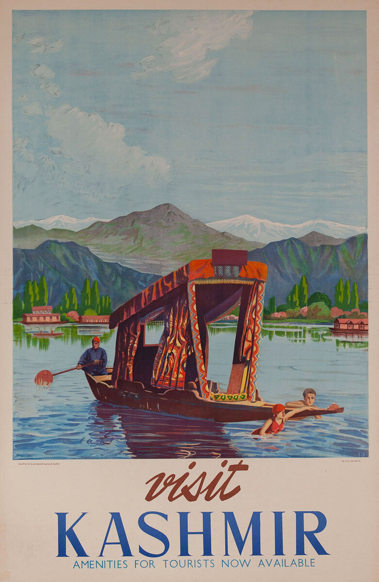 Visit Kashmir Pole Boat India Original Travel Poster 