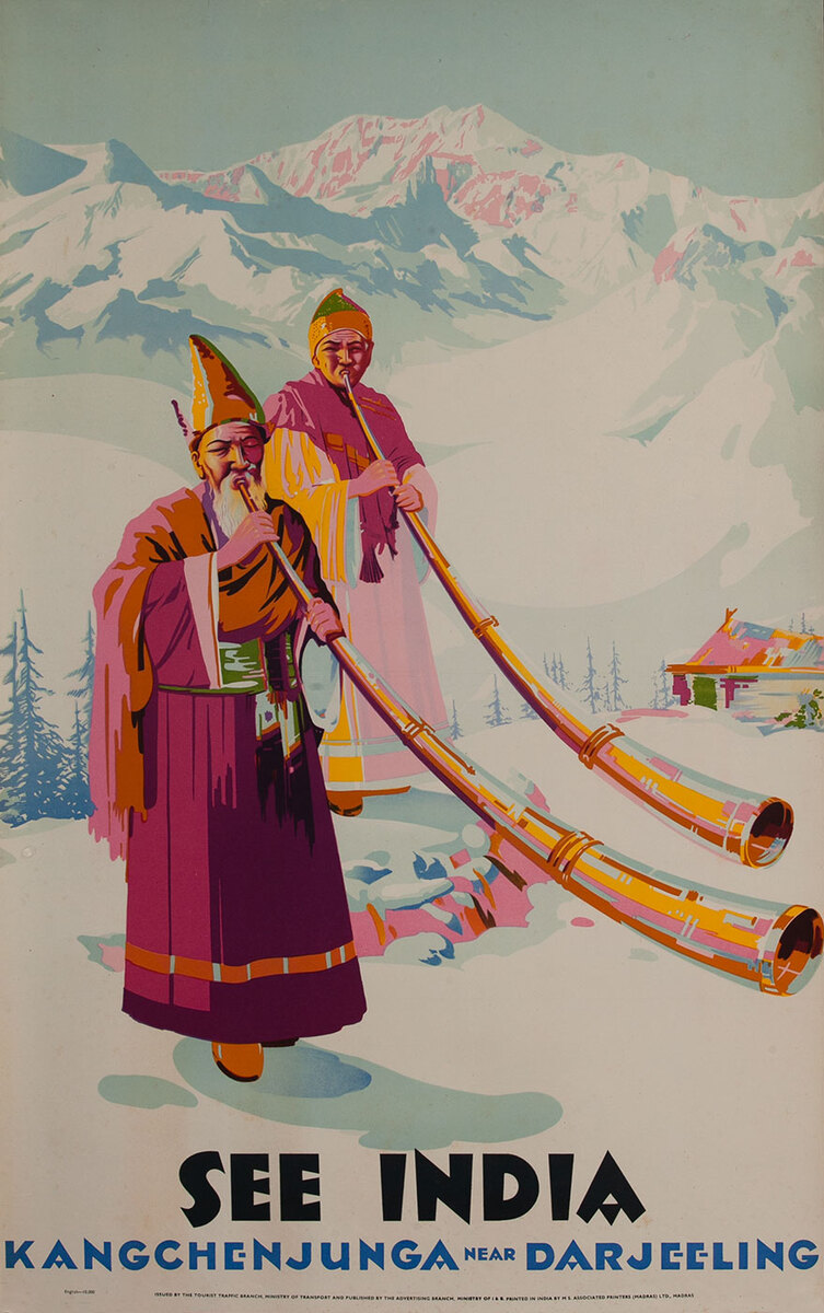 See India Kangchenjunga and Darjeeling Original Vintage Travel Poster horns 