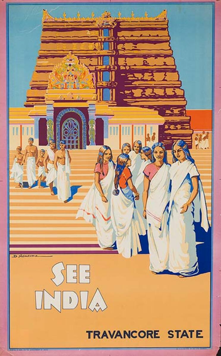 Travancore State India Original Vintage Travel Poster 
