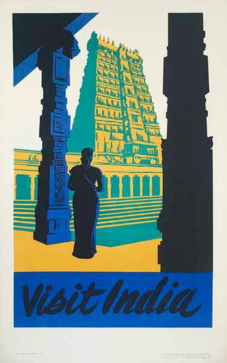 India Original Vintage Travel Poster blue woman greeen temple