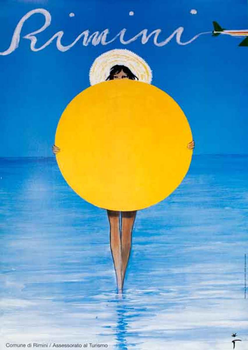 Rimini Original Italian Travel Poster Girl with Beach Umbrella
