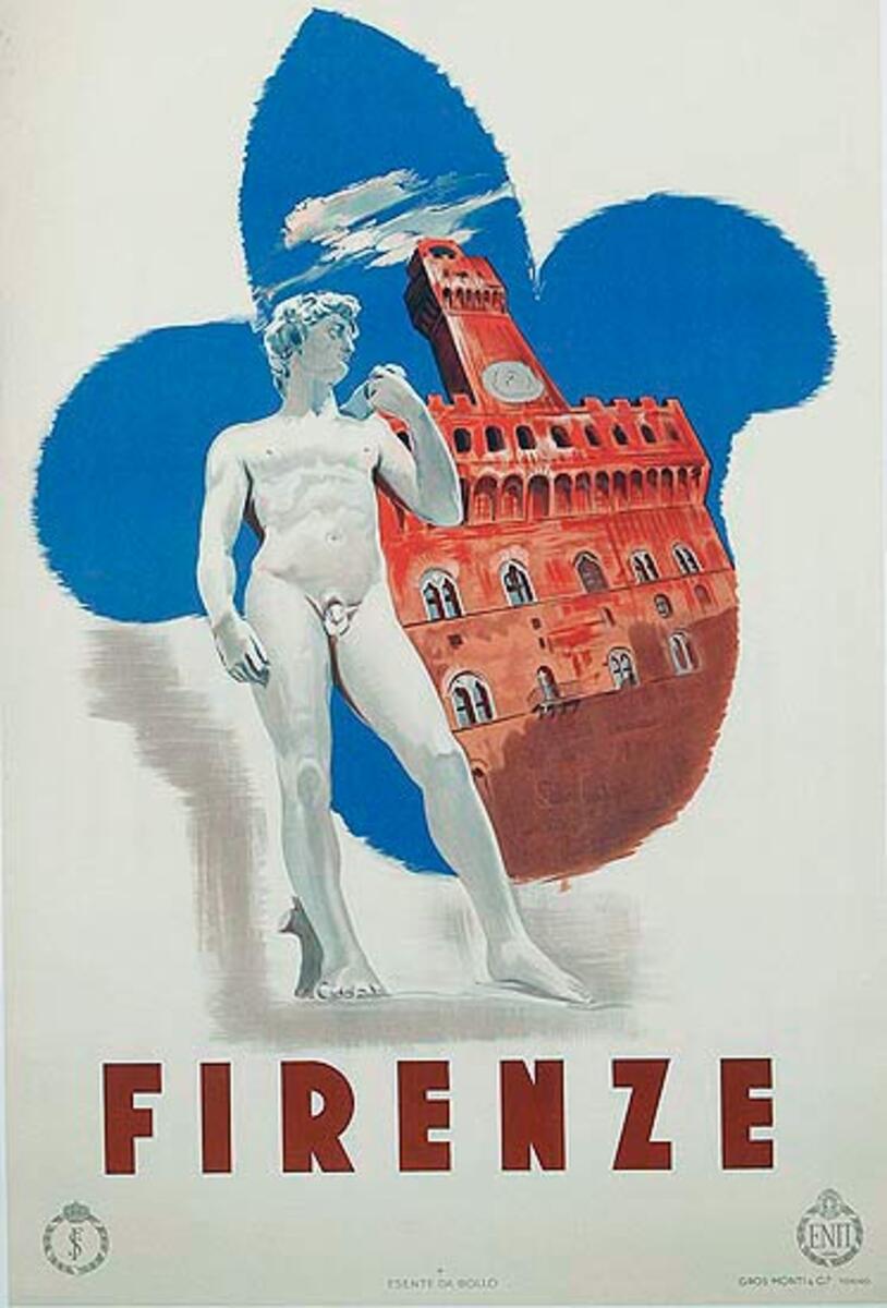 Firenza Florence Italy Original ENIT Travel Poster Statue of David