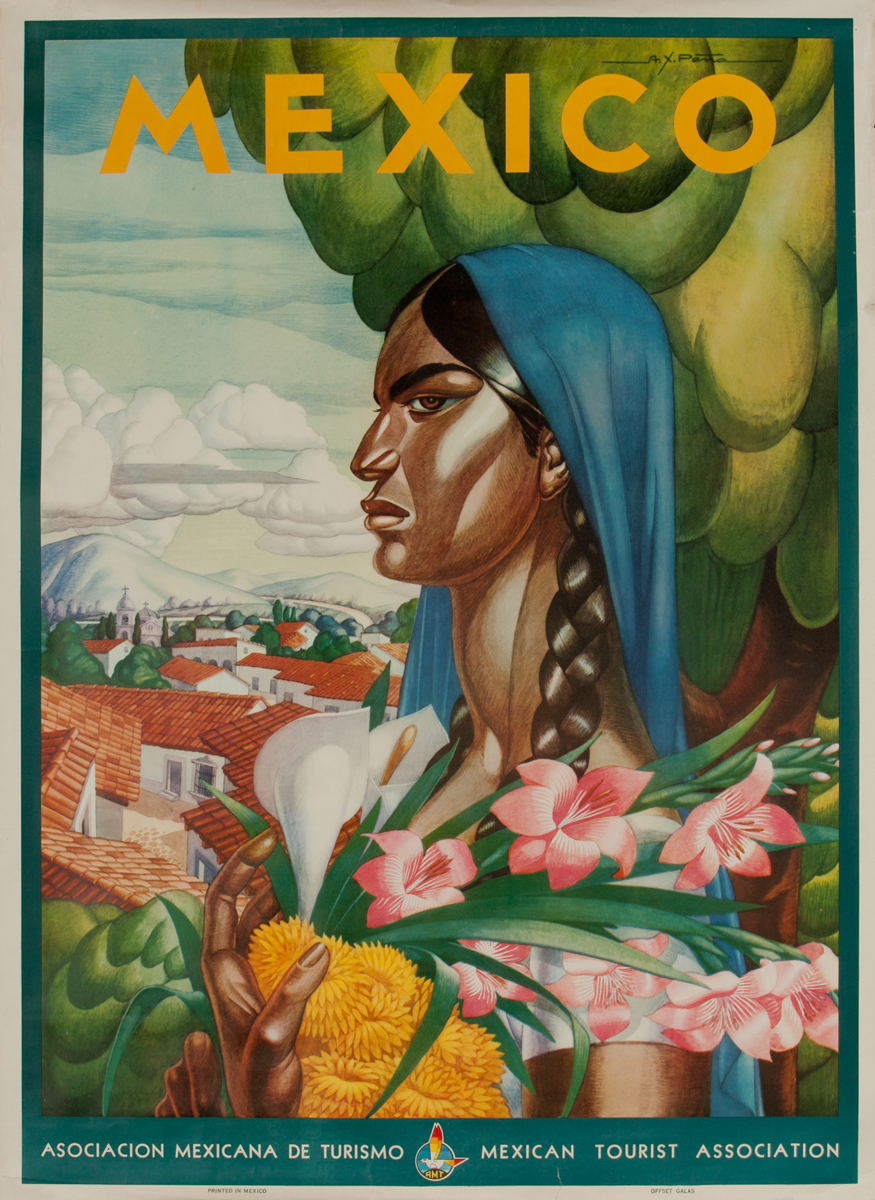 Original Mexico Travel Poster Woman with Flowers