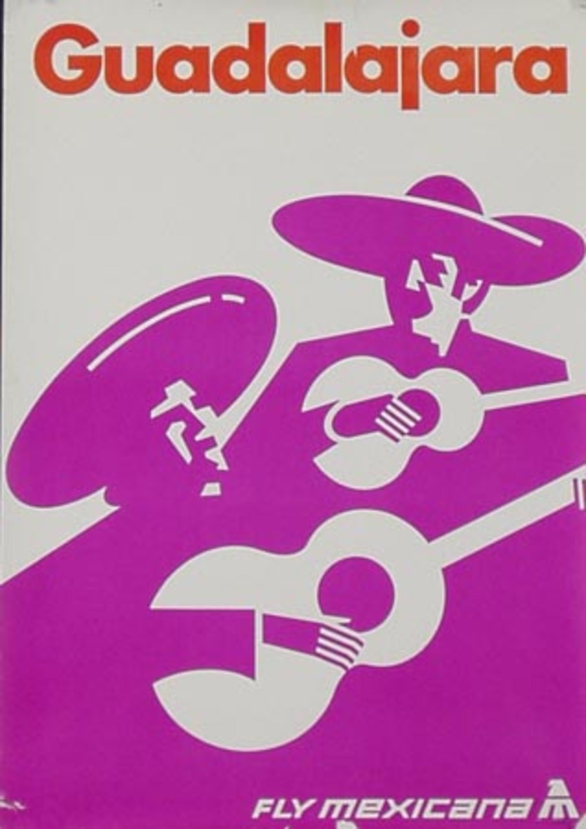 Guadalajara Mexico Original Mexicana Airlines Travel Poster Mariachis