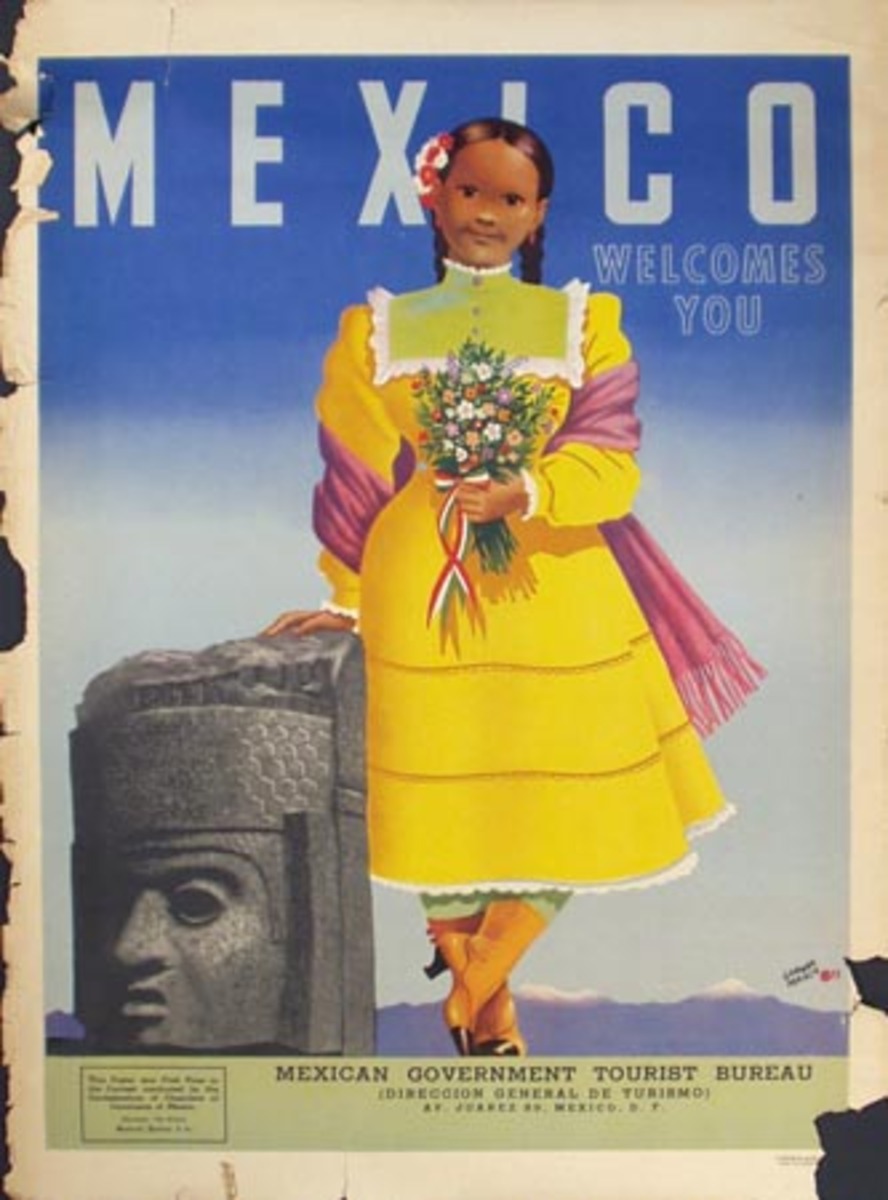 Mexico Original Vintage Travel Poster Mexico Welcomes You, Girl in Yellow Dress