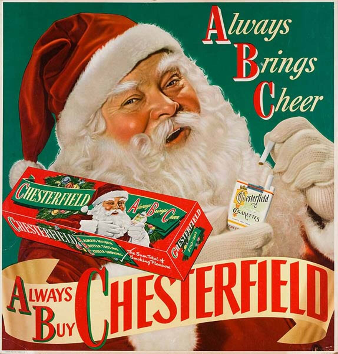Chesterfield Always Brings Cheer Cigarettes Santa Original American Christmas Advertising Poster
