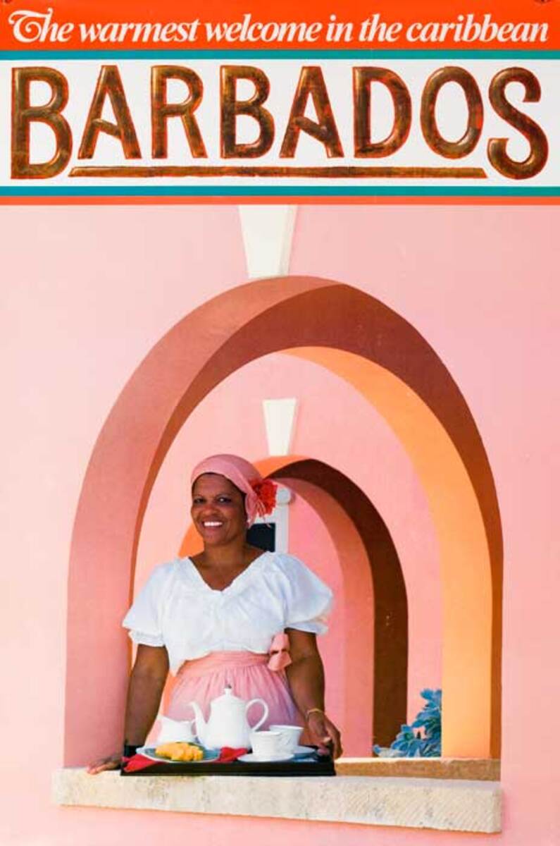 The Warmest Welcome in the Caribbean Barbados Original Travel Poster woman in arch
