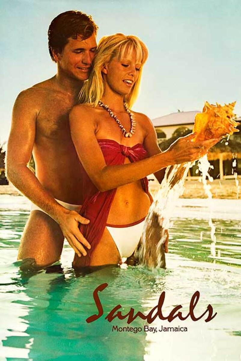 Sandals, Montego Bay Original Resort Travel Poster Couple with Conch Shell