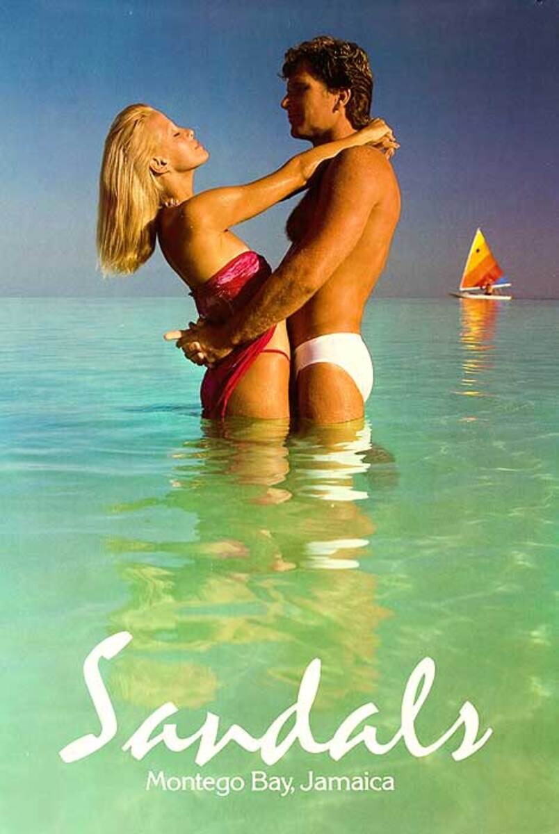 Sandals, Montego Bay Original Resort Travel Poster Couple with Sailboat