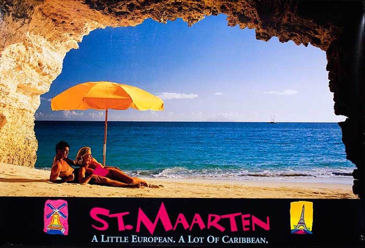 San Maarten Original Caribbean Travel Poster couple on beach