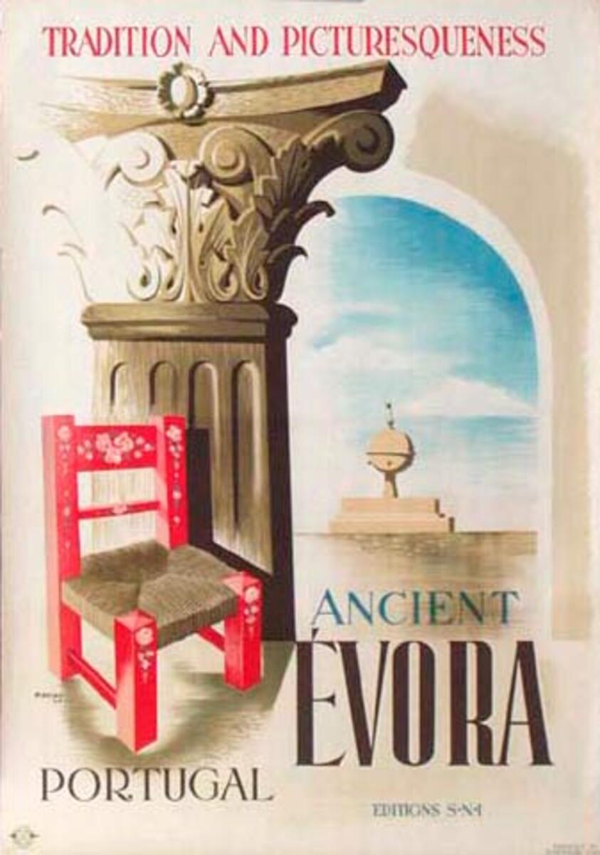Evora Portugal Original Vintage Travel Poster  
