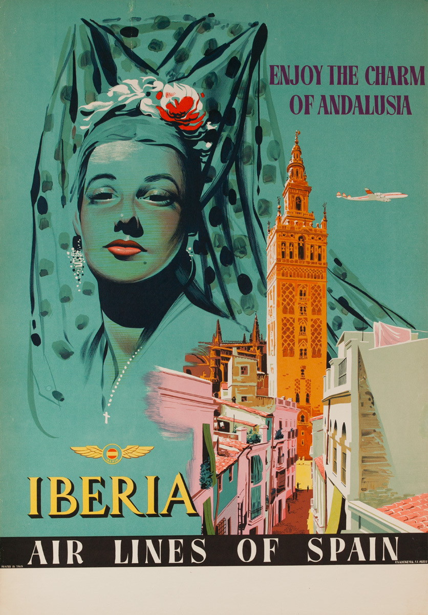 Charms of Andalusia Spain Original Iberia Airlines Vintage Travel Poster 