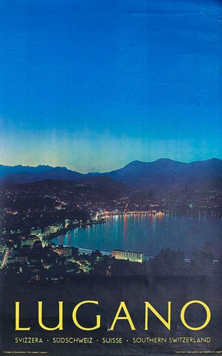 Lugano Original Swiss Travel Poster Nighttime Photo