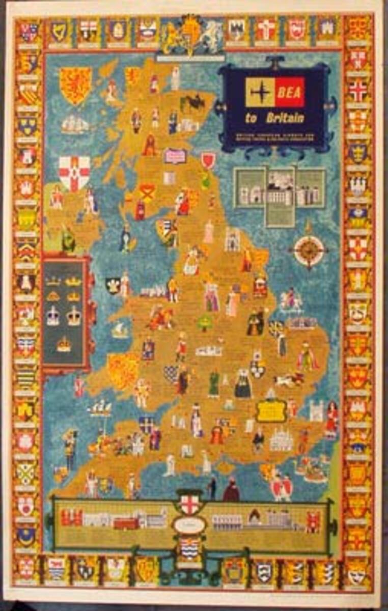BEA to Britain Map Original Vintage British Travel Poster 