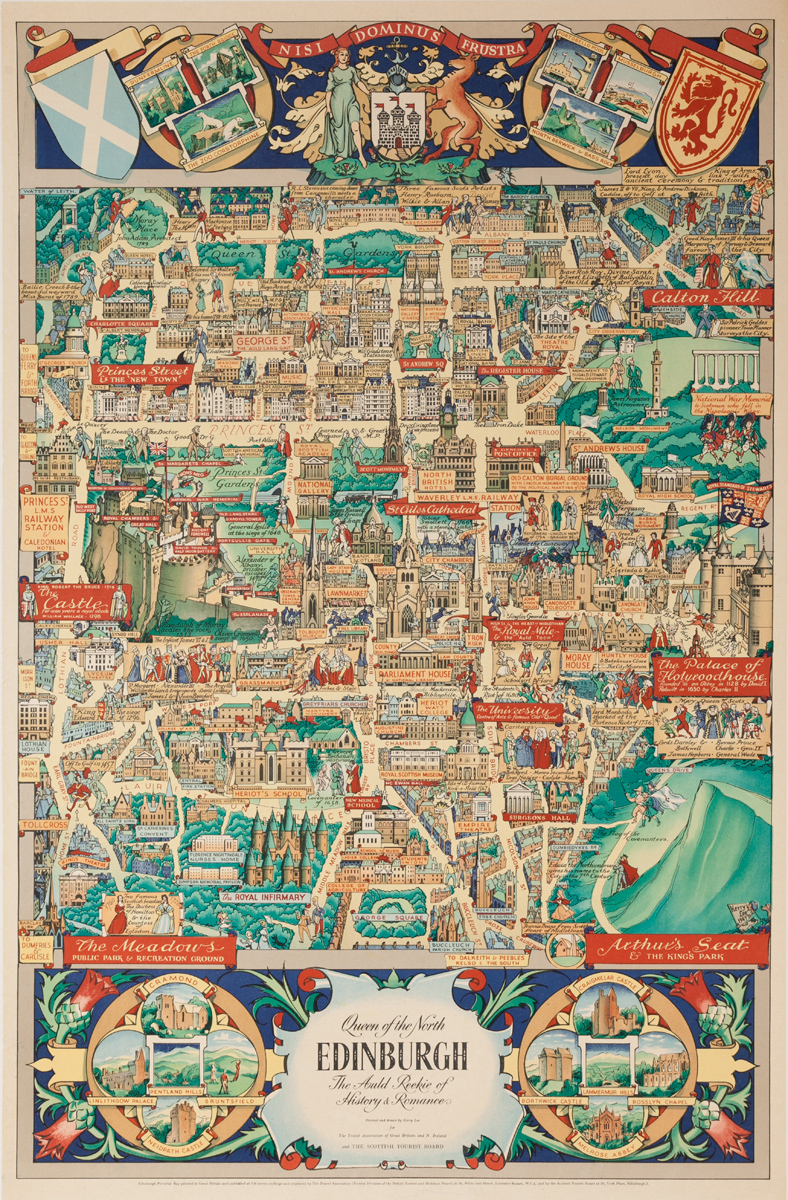 Edinburgh Scotland Map Original Vintage Scottish Travel Poster 