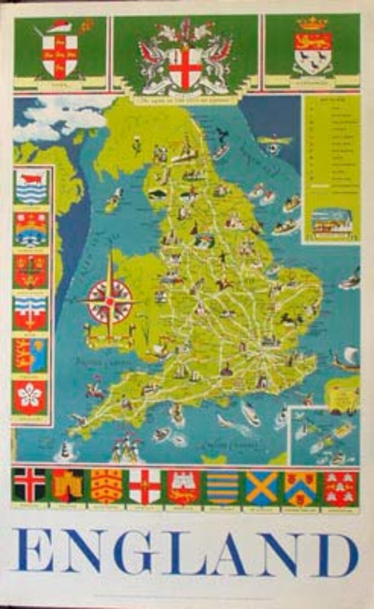 Original Vintage British Travel Poster England Map