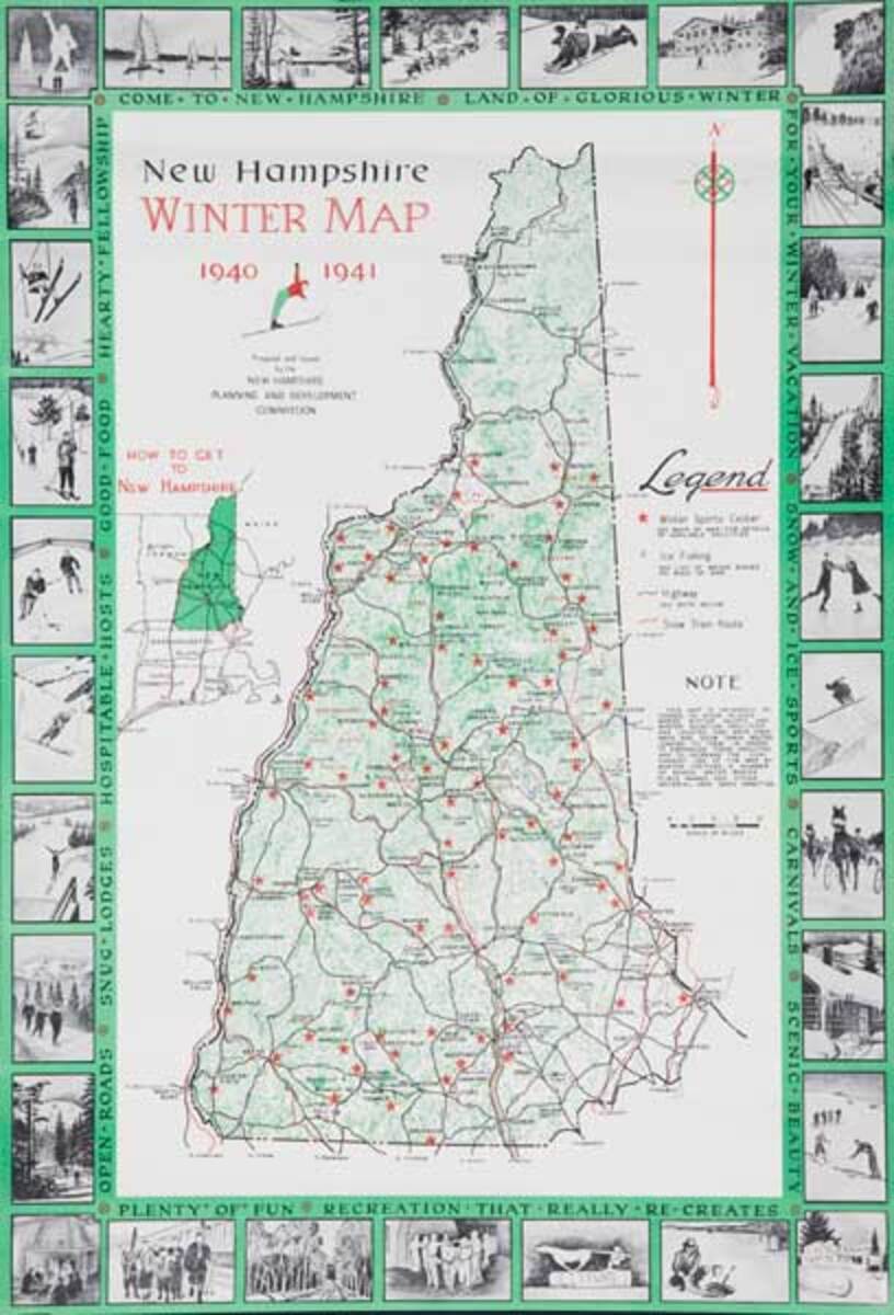 New Hampshire Winter Map Original Winter Sports Ski Tourism Poster