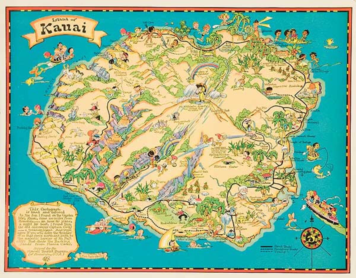 Island Of Kauai Original hawaiianTravel Map Poster