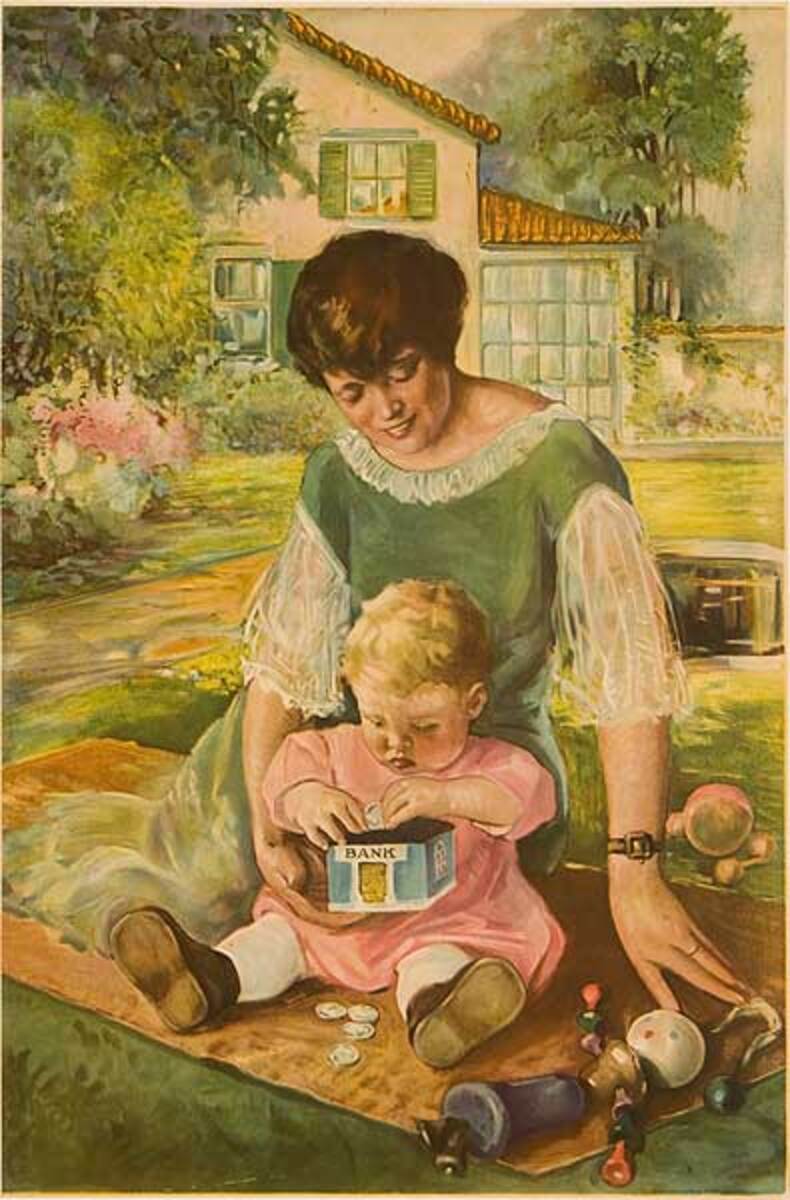 Original American Bank Poster Mom with Child and Toy Bank 
