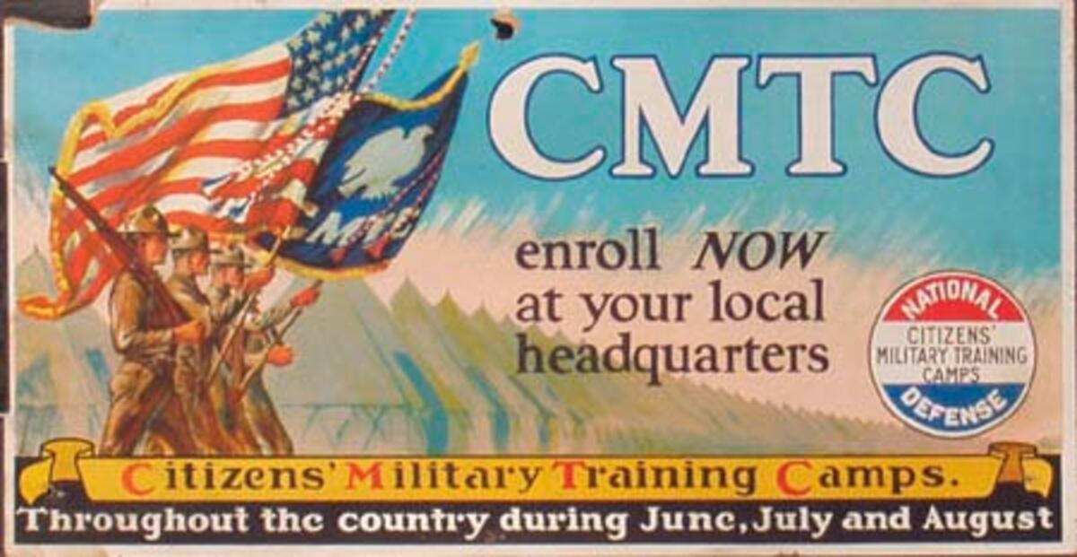 Citizens Military Training Camps depression era trolly card Original poster
