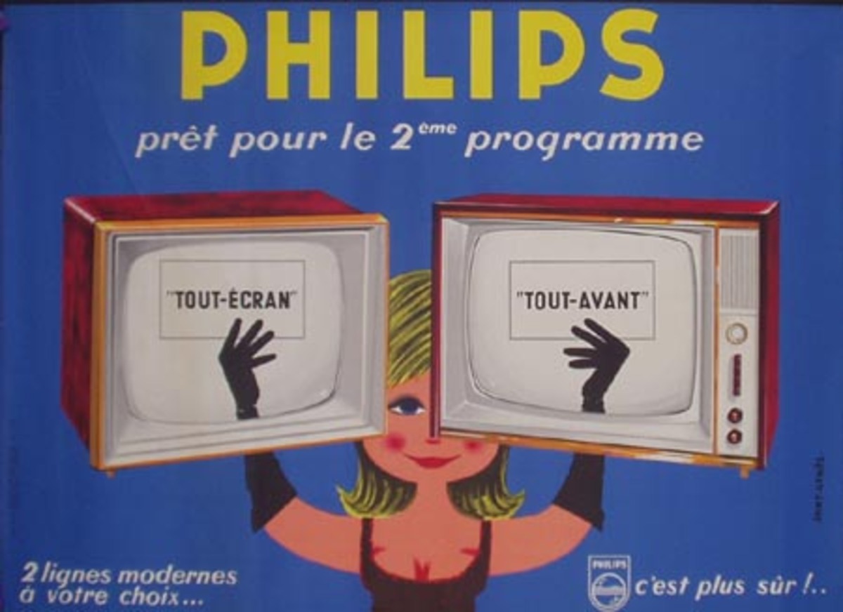 Philips TV  babe with 2 TV's Original French Advertising Poster