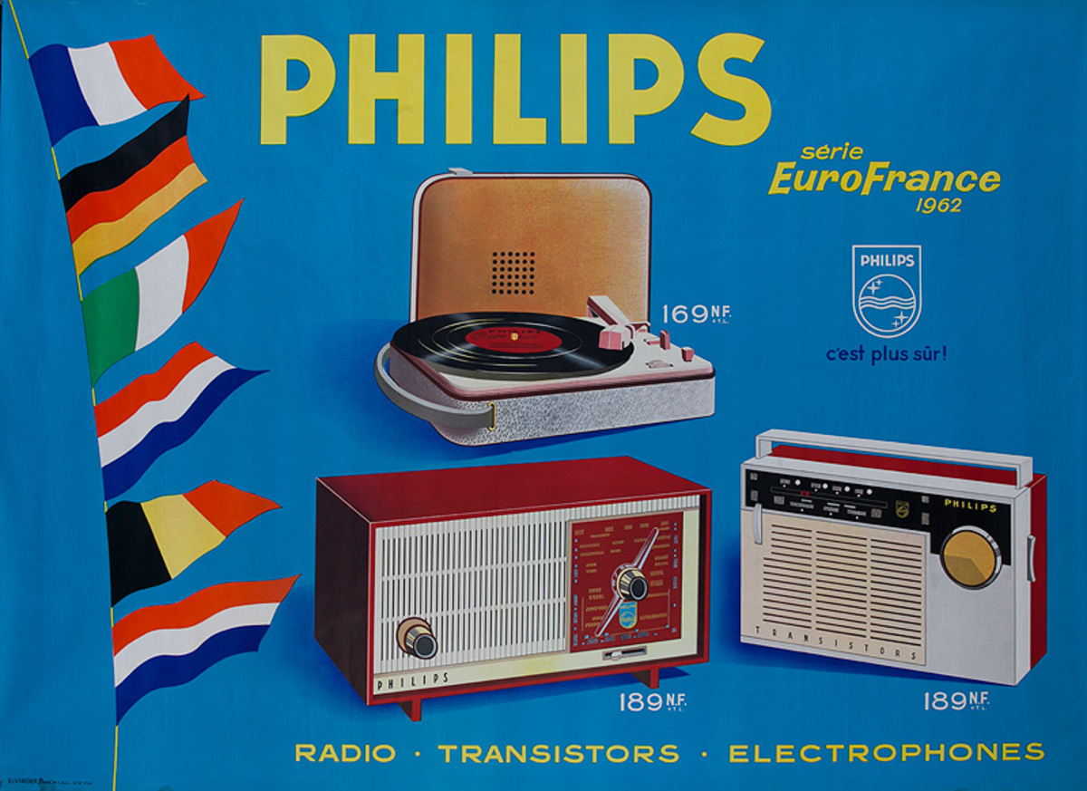Philips Radio Turntable Original Vintage French Advertising Poster Flags