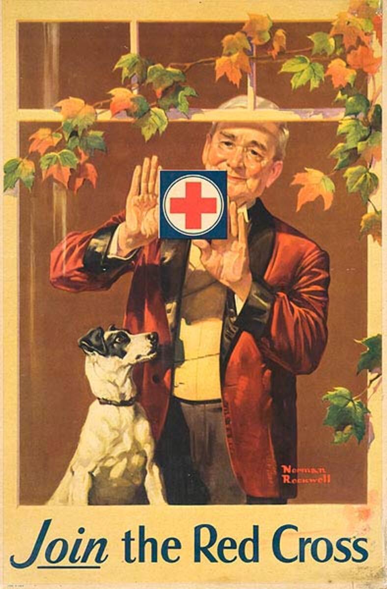 Join the Red Cross Original Poster Rockwell man with dog