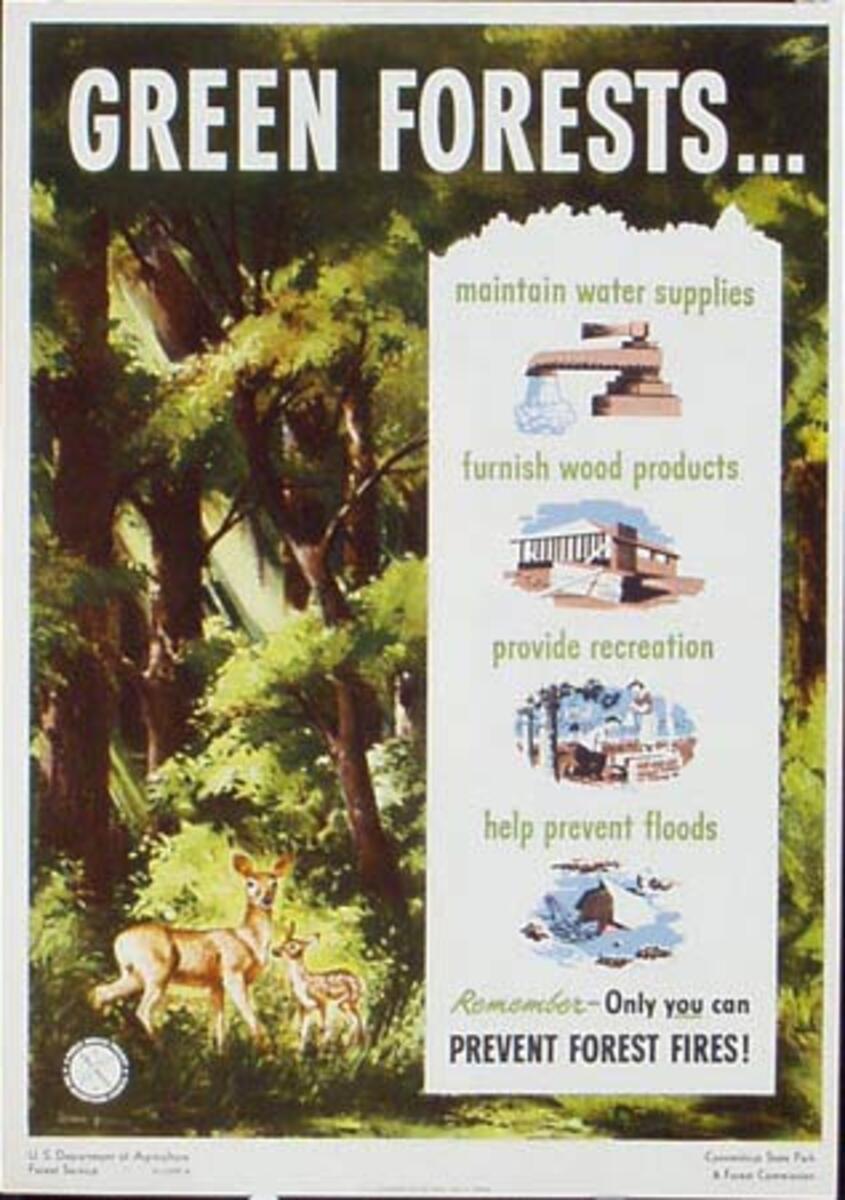 Green Forests Prevent Forest Fire Original Vintage Fire Prevention Poster