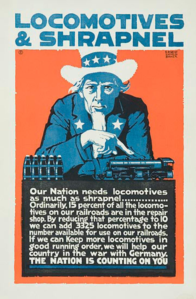 Locomotives and Shrapnel Original WWI Railroad Workers Poster