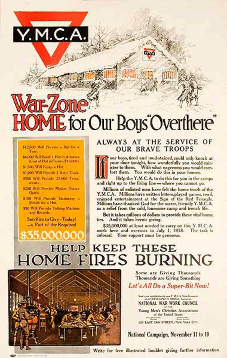 YMCA War Zone Home for Our Boys Overthere Original American WWI Homefront Poster