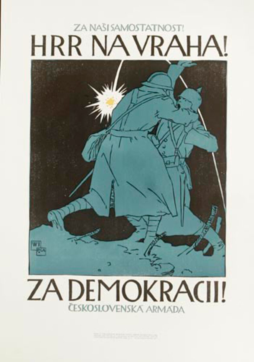 Down With Murderers Up With Democracy Original WWI Wentworth Institute Czechoslovak Recruiting Office Poster 