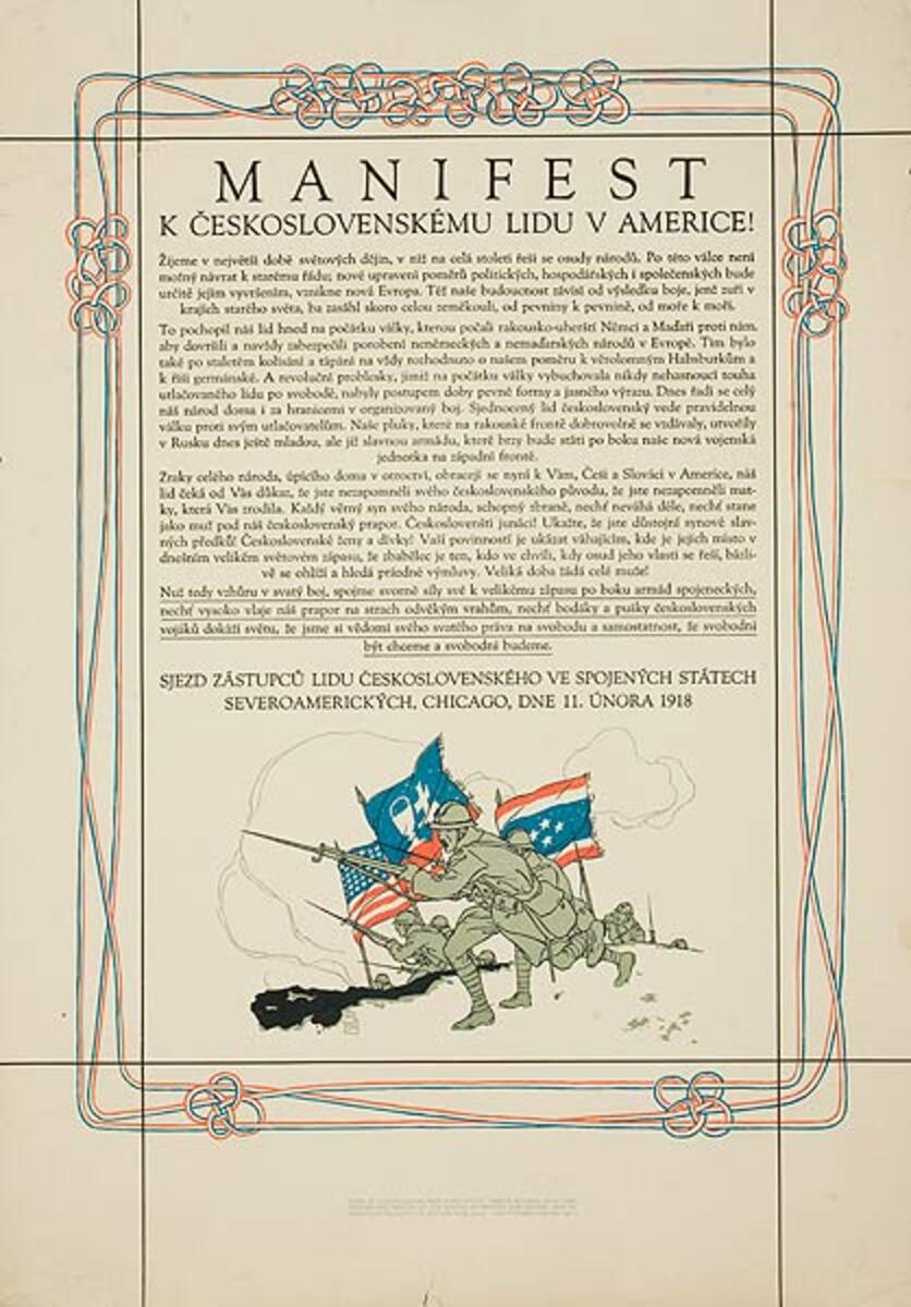 Manifest  Original WWI Wentworth Institute Czechoslovak Recruiting Office Poster 