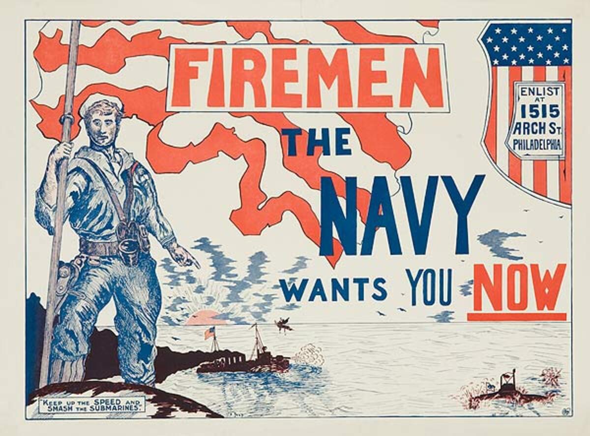 Fireman The Navy Wants You Now Original WWI Recruiting Poster