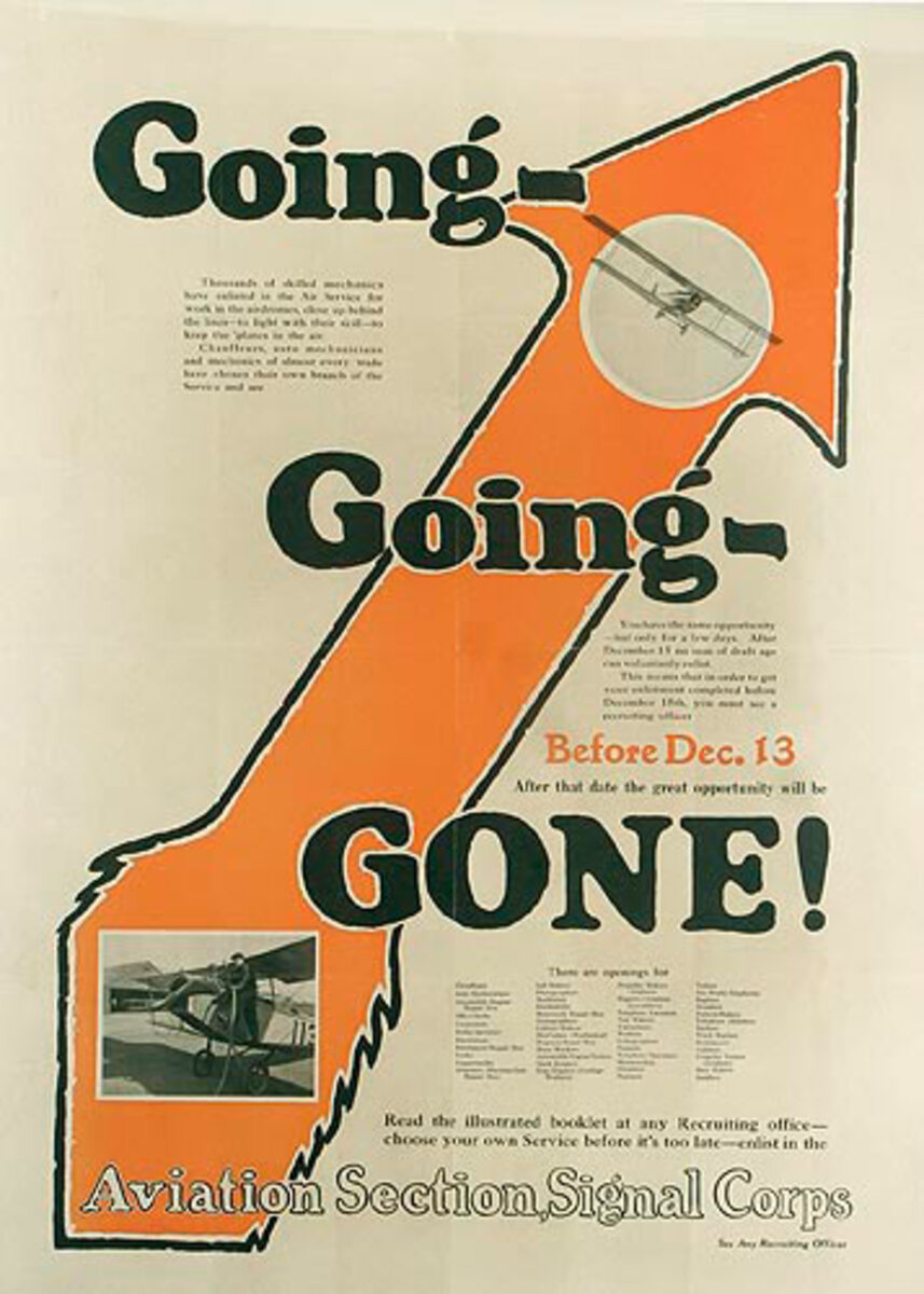 Going Going Gone Original WWI Aviation Signal Corps Recruiting Poster