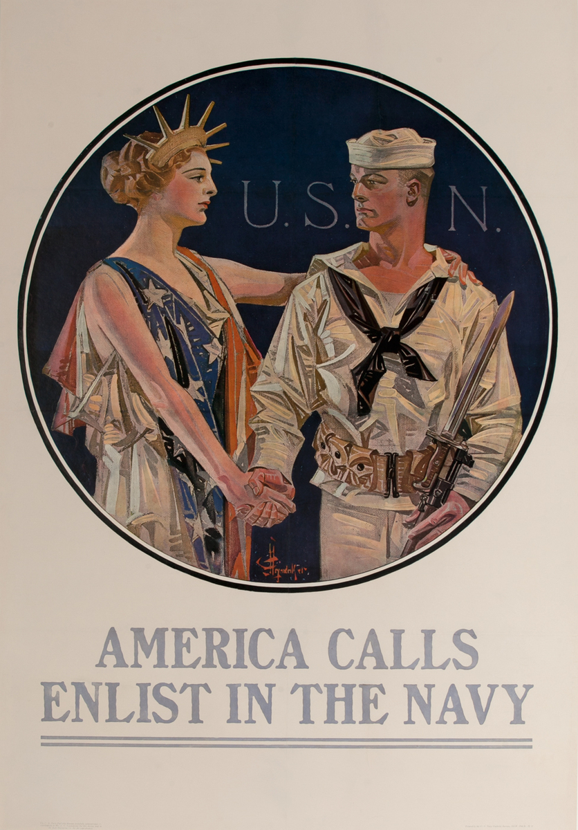 America Calls Enlist In The Navy Original Vintage World War One Recruiting Poster