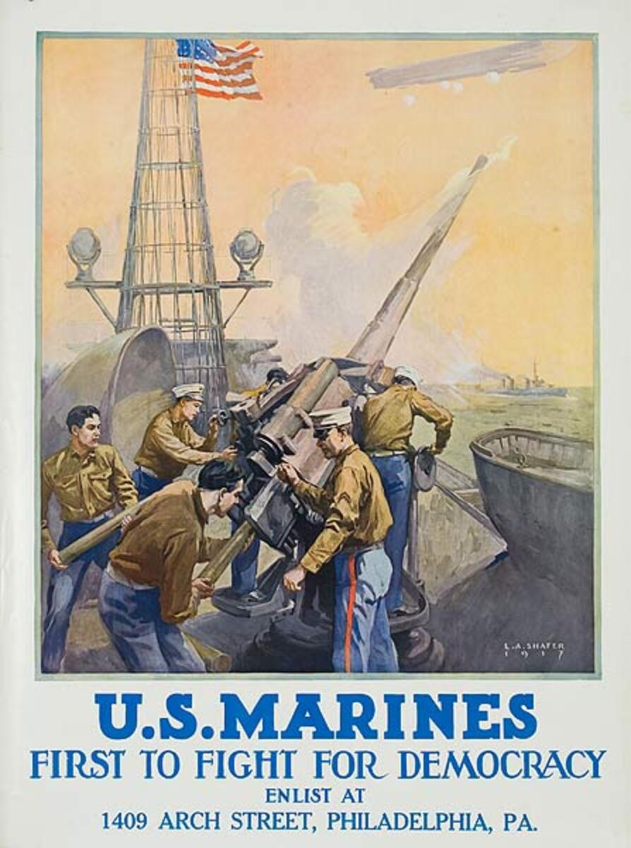 U.S. Marines First to Fight Fight for Democracy Original American WWI Recruiting Poster