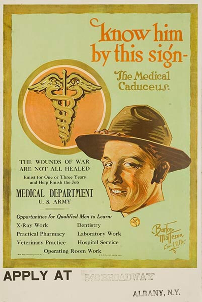 Know Him by This Sign Medical Department U.S. Army Original WWI Recruiting Poster