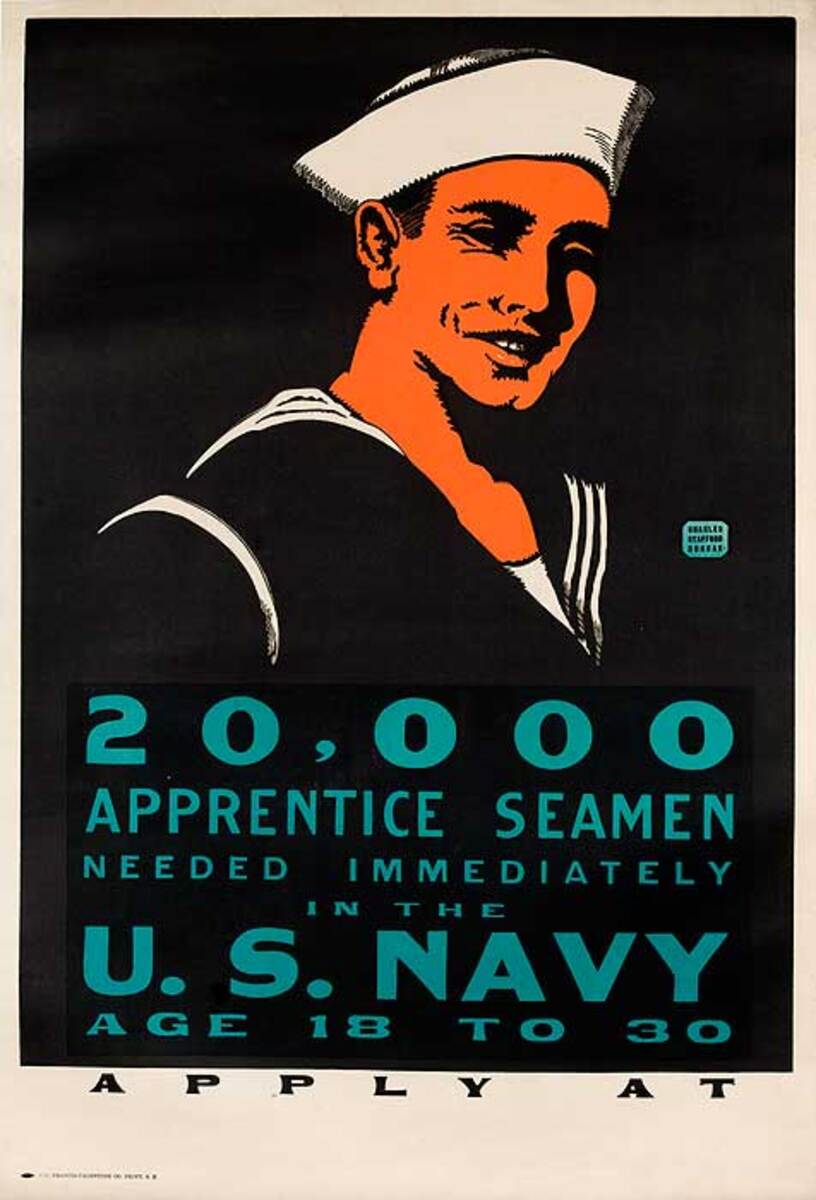 20,000 Apprentice Seamen Needed Original World War One US Navy Recruiting Poster