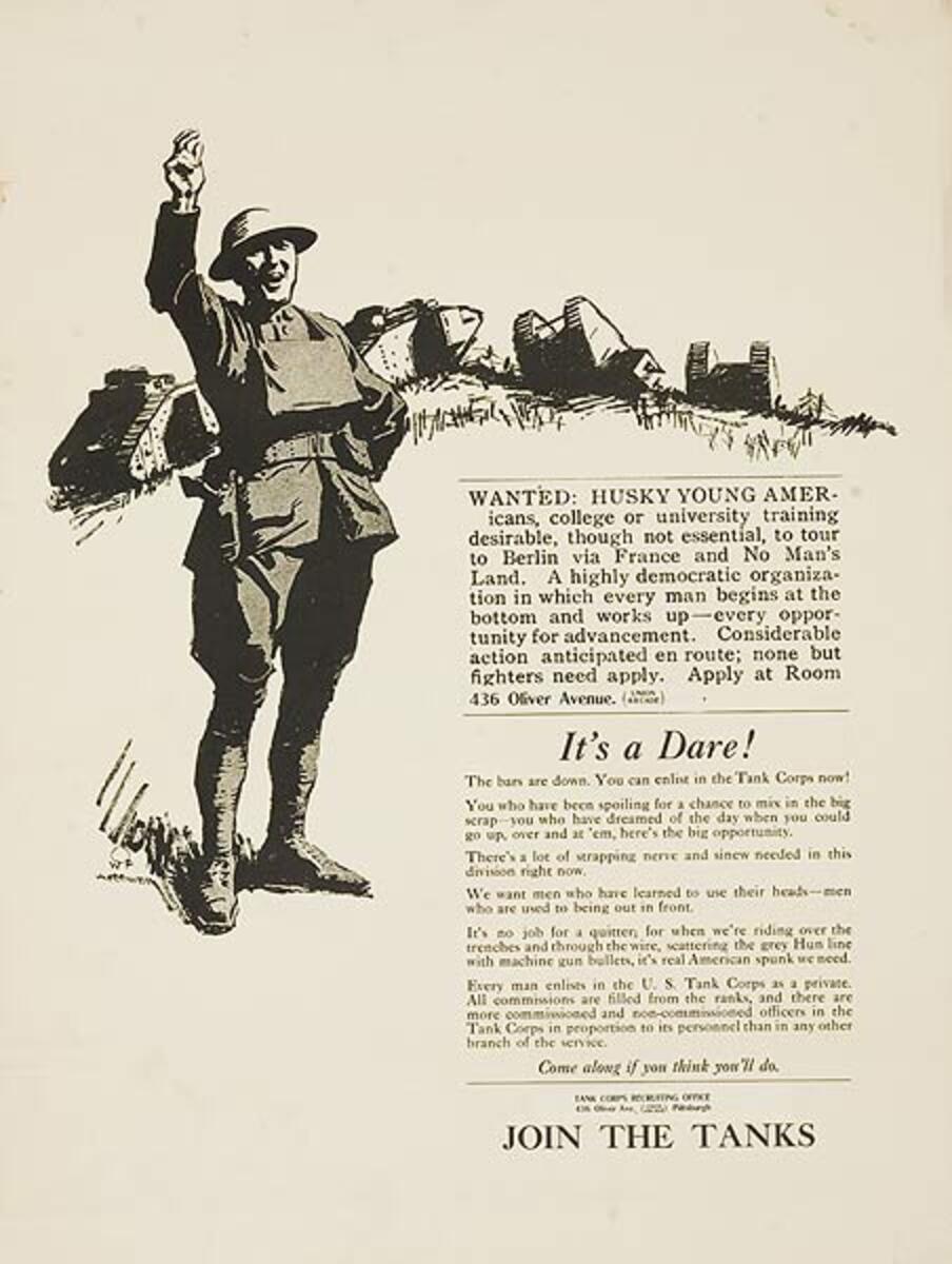 It's a Dare WWI Original Vintage Tank Corp Recruiting Poster 