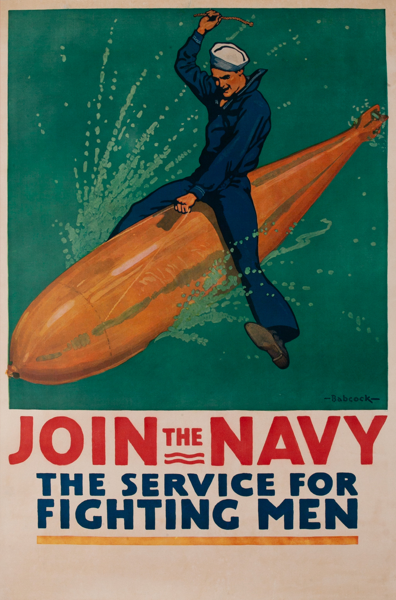 Join The Navy Torpedo Original Vintage WWI Navy Recruiting Poster 
