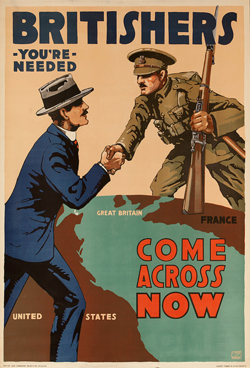 Britishers You're Needed Come Across Now Original Vintage British WWI Poster 