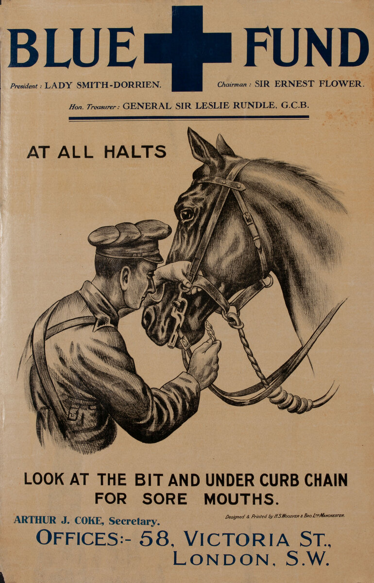 Blue Fund Original WWI British Horse Care Poster At All Halts, Look at the Bit