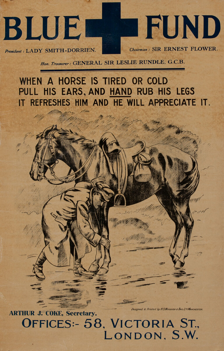 When a Horse is Tired or Cold Blue Fund Original WWI British Horse Care Poster