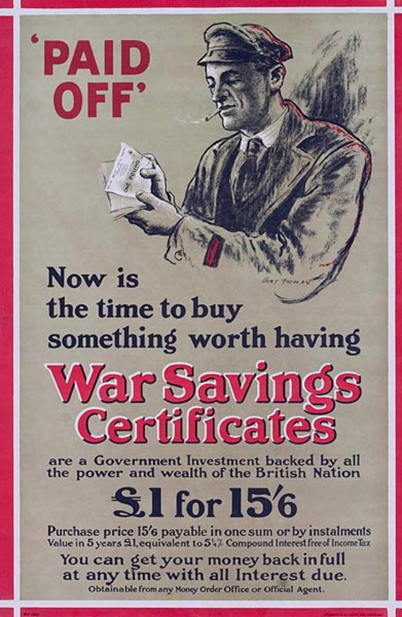 Paid Off War Saving Certificates Original British WWI Poster 
