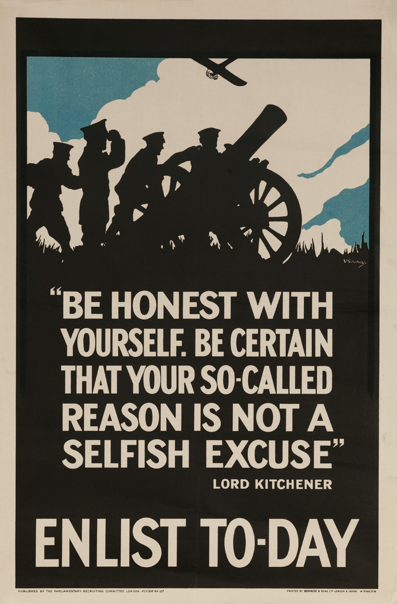 Be Honest with Yourself... Enlist To-Day Kichner Quote Original Vintage British World War I Poster 