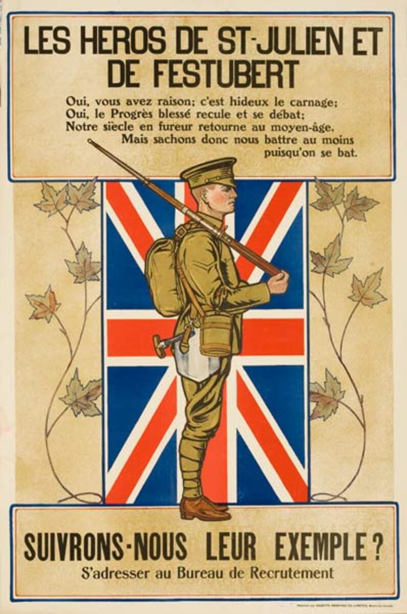 Les Heros de St Julien Et de Festubert Original Canadian WWI Poster